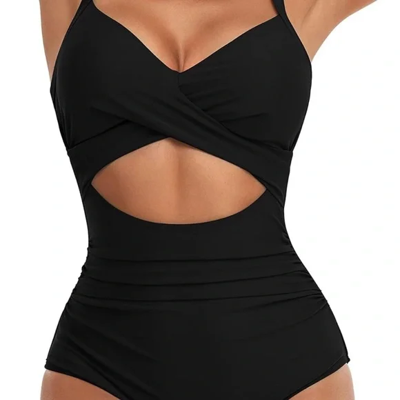 Chic Black Women's One-Piece Swimsuit Wrap tie back Tummy control L/0022 - Picture 1 of 4